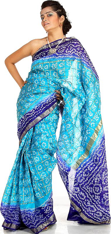 Blue Shaded Bandhani Gharchola Sari from Gujarat