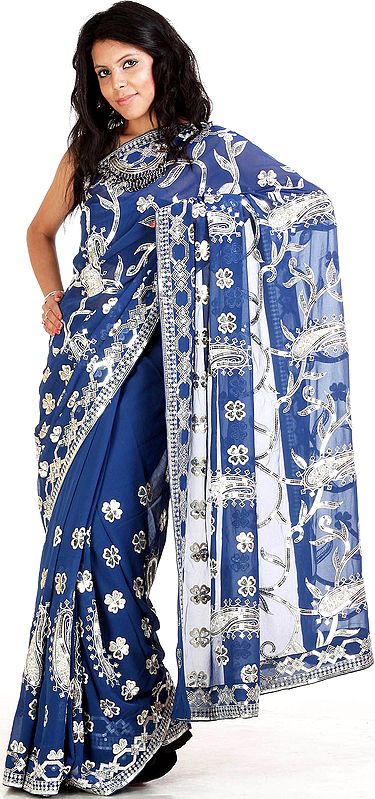 Bijou Blue Sari with Embroidered Paisley, Flowers and Sequins All-Over