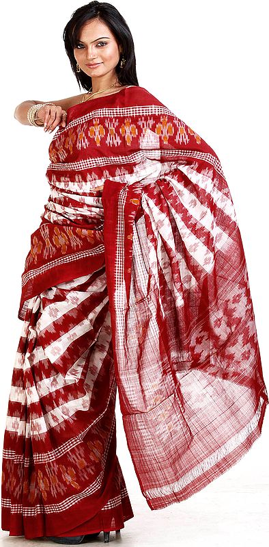 Maroon and White Sari with Ikat Weave From Pochampally