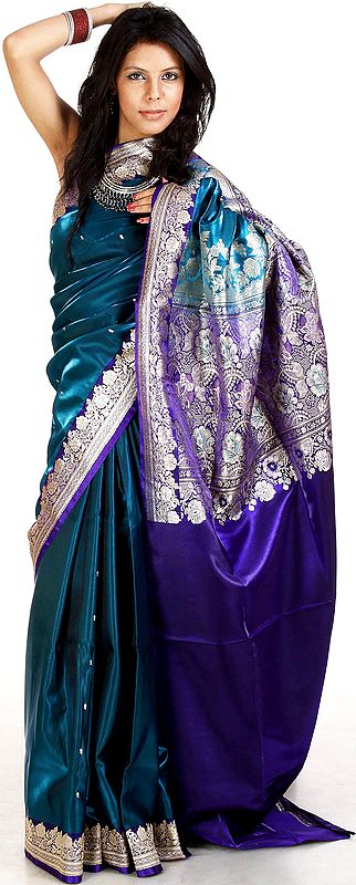 Cobalt and True Blue Sari with Woven Flowers on Anchal