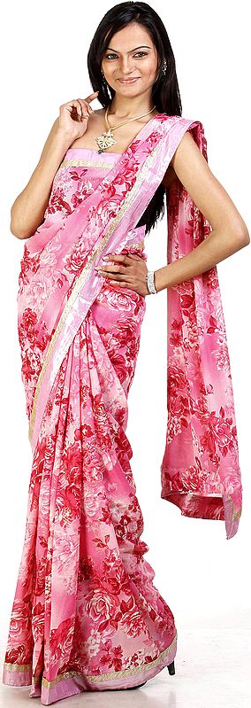 Pink Sari with Printed Roses and Golden Ascent
