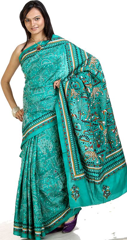 Parrot-Green Kantha Sari Hand-Embroidered with Wild Life Scenes