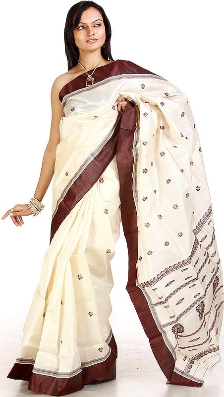 Cream and Coffee Garad Sari from Bengal with Solid Border