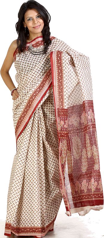 Ivory and Maroon Block Printed Sari from Bangalore