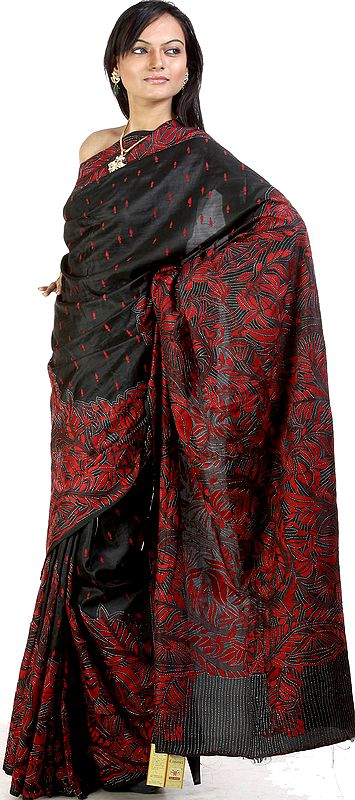 Black Kantha Sari with Hand Embroidery in Red