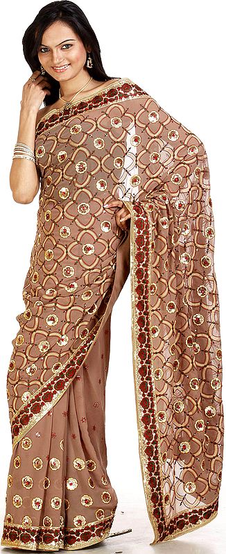 Khaki Sari with All Over Embroidered Beads and Sequins