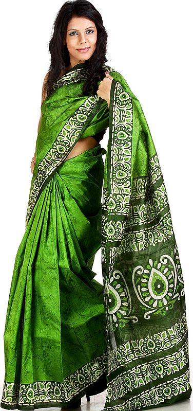 Fluorite-Green Batik Silk Sari from Kolkata