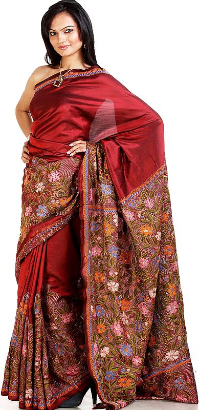 Red-Bud Kantha Sari with Hand Embroidered Flowers