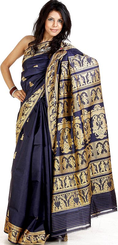 Midnight-Blue Baluchari Sari with Hand-woven Dancing Figures and Apsaras