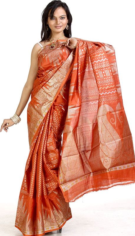 Rust Mysore Silk Sari with Giant Hand-woven Paisleys
