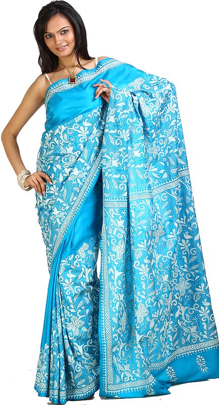 Vivid-Blue Kantha Sari Hand-Embroidered in White Thread