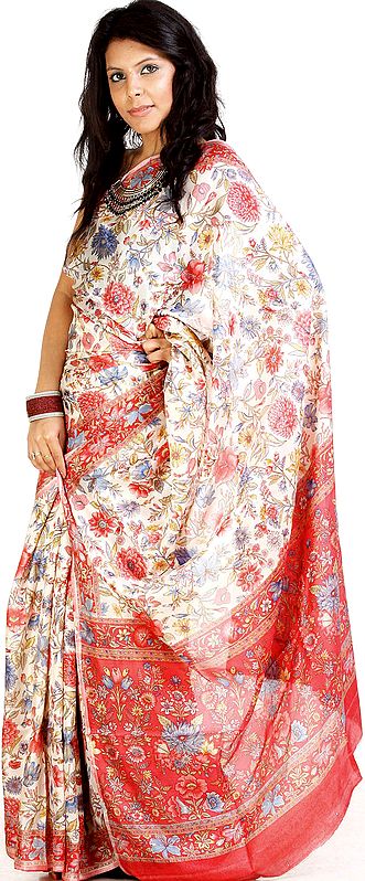 Ivory Floral Printed Suryani Sari from Mysore