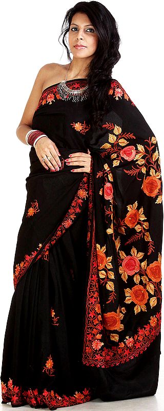 Black Kashmiri Sari with Aari Embroidered Flowers
