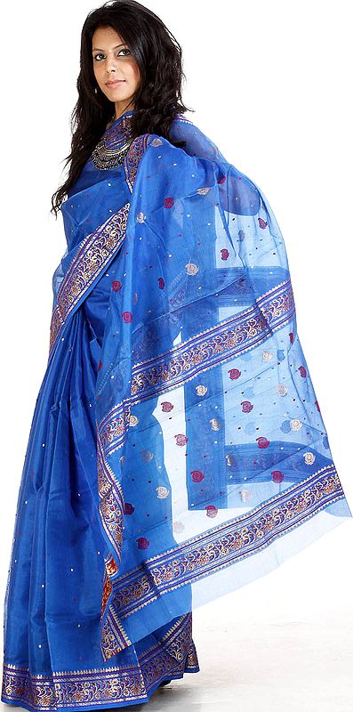 Dazzling-Blue Chanderi Sari with Brocaded Border and All-Over Bootis