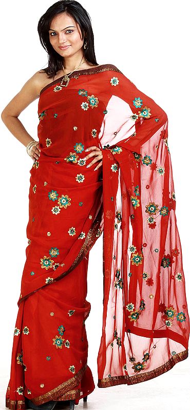 Maroon Sari with Embroidered Flowers and Beadwork