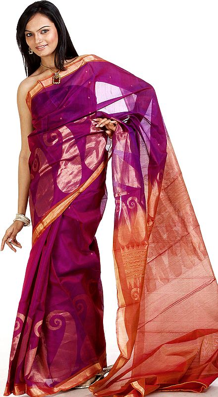 Purple and Deco-Rose Suryani Sari from Mysore with Large Woven Paisleys