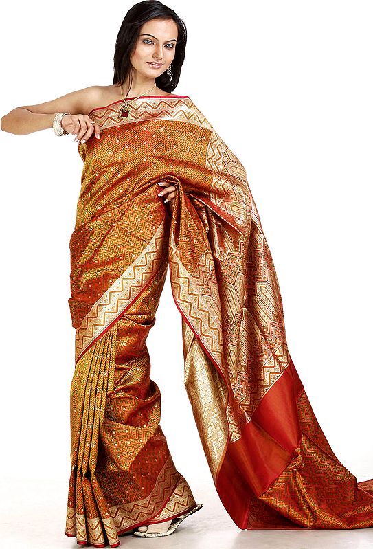 Multi-color Banarasi Sari with Zig Zag Weave and Brocaded Border