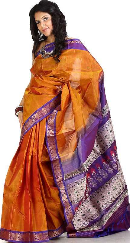 Caramel Kanjivaram Sari with Floral Woven Border and Anchal