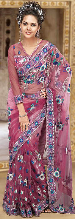 Earth-Red Net Sari with All-Over Floral Aari Embroidery and Sequins