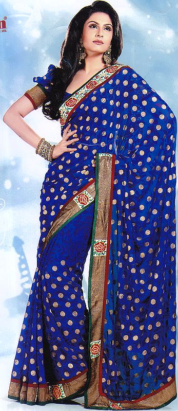 Classic-Blue Sari with Printed Golden Circles and Patch Border
