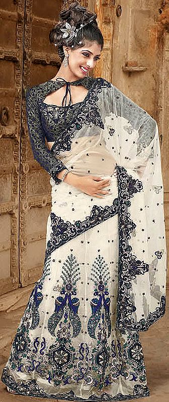 Ivory and Black Peacock Sari with Patchwork and Sequins