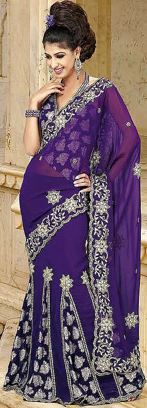 Royal-Purple Lehenga Sari with Crewel Embroidery and Sequins