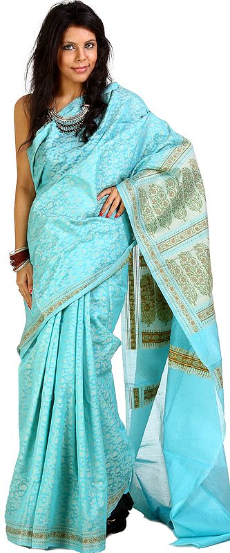 Angel-Blue Hand-woven Sari from Banaras with Floral Border and Pallu