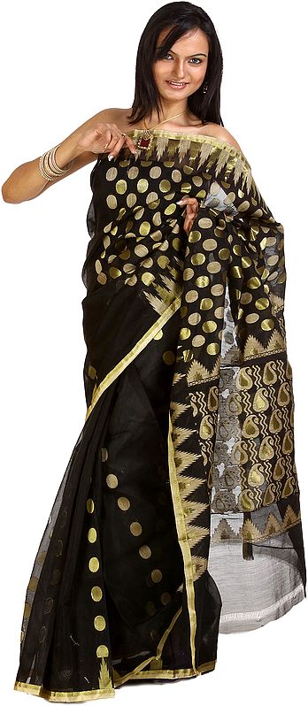 Black Banarasi Sari with All-Over Woven Golden Circles