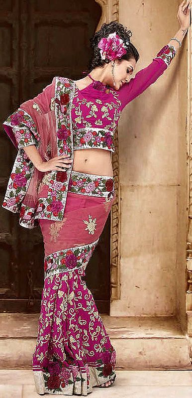 Rose and Purple Sari with Floral Embroidery and Sequins All-Over