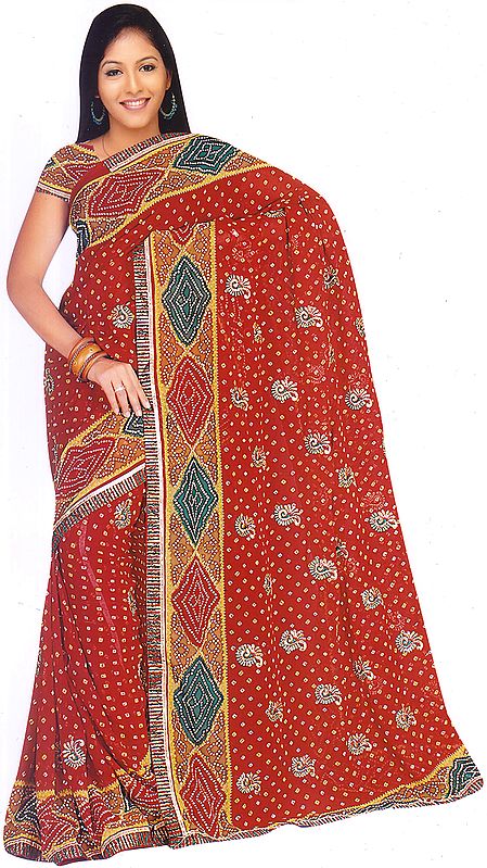 Maroon Sari with Bandhani Print and Embroidered Paisleys