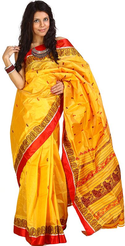 Amber and Red Garad Sari from Bengal with Woven Paisleys
