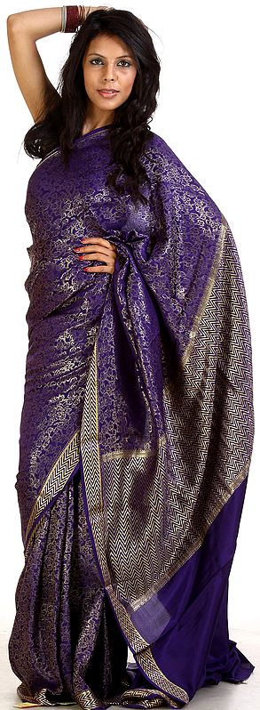 True-Blue Suryani Sari from Mysore with All-Over Weave in Golden Thread