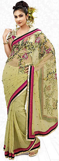 Olive-Green Wedding Sari with Floral Embroidery and Sequins