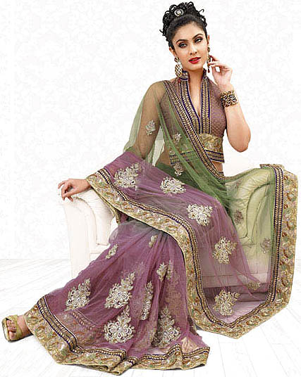 Chestnut and Hedge-Green Sari with Crewel Embroidery and Floral Gota Border