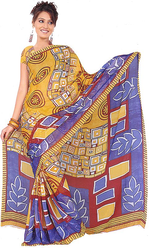 Tri-Color Sari with Modern Print and Mokaish Work
