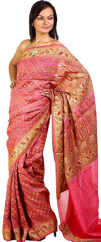 Pink Banarasi Sari with All-Over Woven Flowers and Paisleys