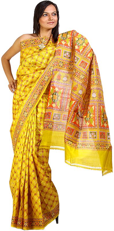 Golden-Yellow Sari from Kolkata with Floral Print