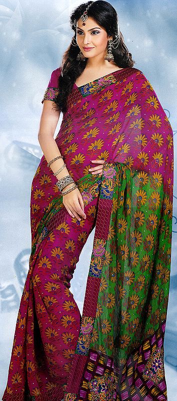 Purple Floral Printed Sari with Crystals and Aari Embroidery