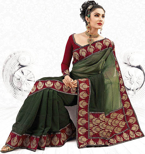 Trekking-Green Wedding Sari with Wide Embroidered Patch Border