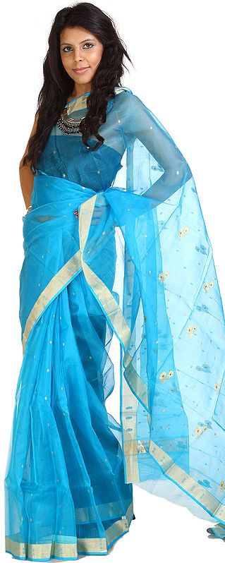 Mau-Blue Chanderi Sari with Golden Border and Floral Bootis