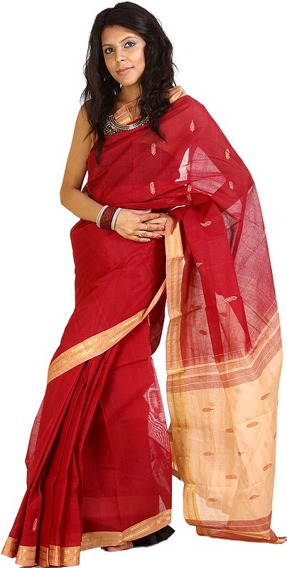 Maroon and Beige Bengal Cotton Sari