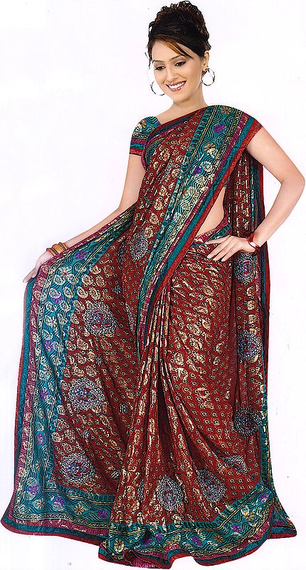 Garnet-Red Shimmer Sari with All-Over Bootis and Embroidered Flowers