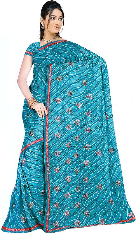 Aqua-marine Bandhej Printed Sari with Crewel Embroidery and Patch Border