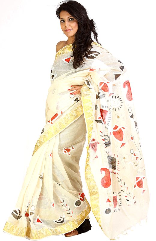Cream Hand-Painted Saris from Bihar