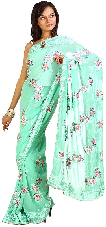 Jade-Green Sari with All-Over Floral Embroidery