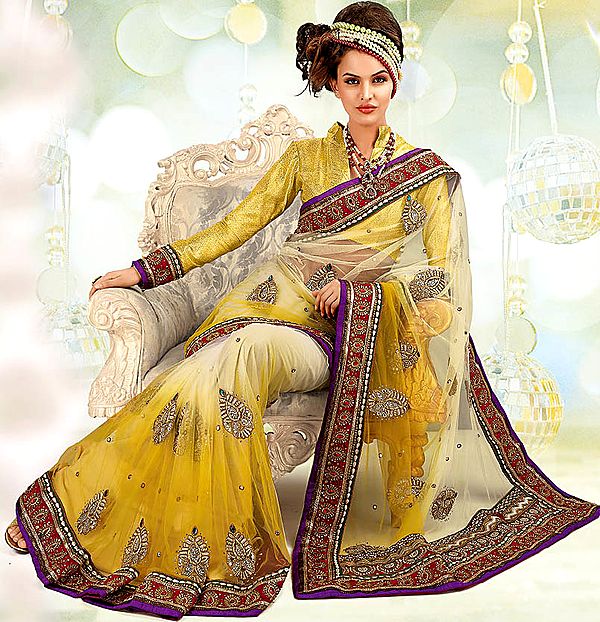 Yellow Bridal Sari with Patch Border and Beadwork by Hand