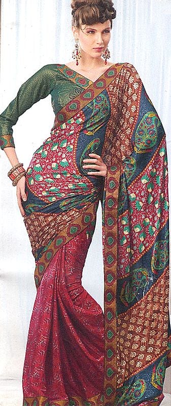 Tri-Color Printed Sari with Patch Border and Painted Bootis