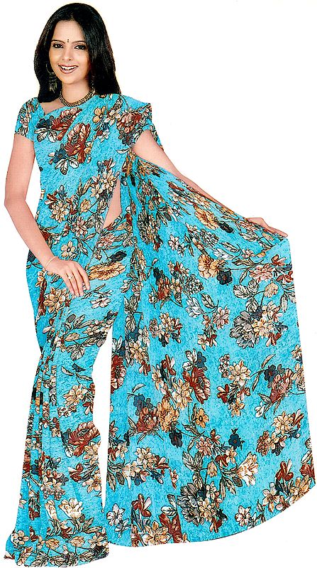 Bluebird Floral Printed Sari with Crewel Embroidery