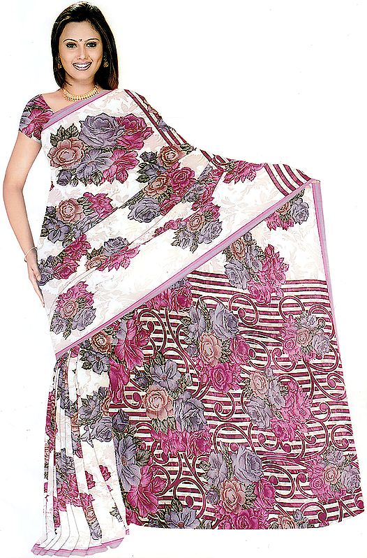 Ivory and Cerise Floral Printed Sari with Crewel Embroidery