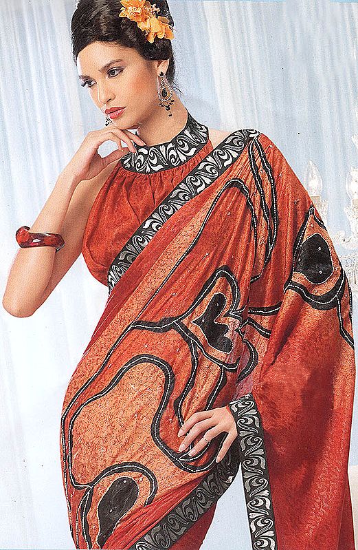Tigerlili-Orange Sari with Brocaded Patch Border and Embroidered Beads